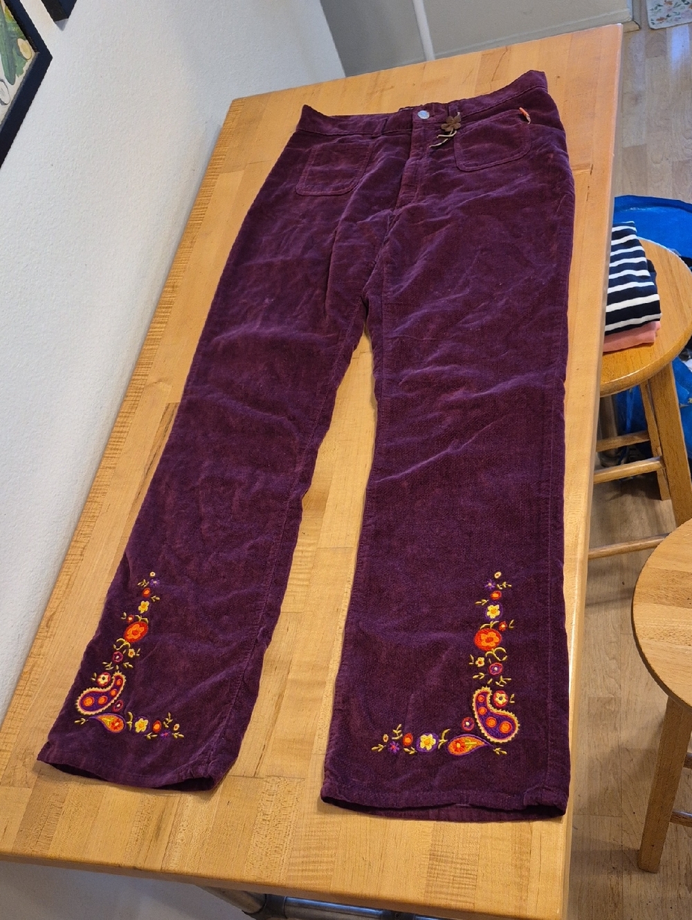 Fiorucci Maroon Velvet Bootcut Embroidered Pants 100% Cotton